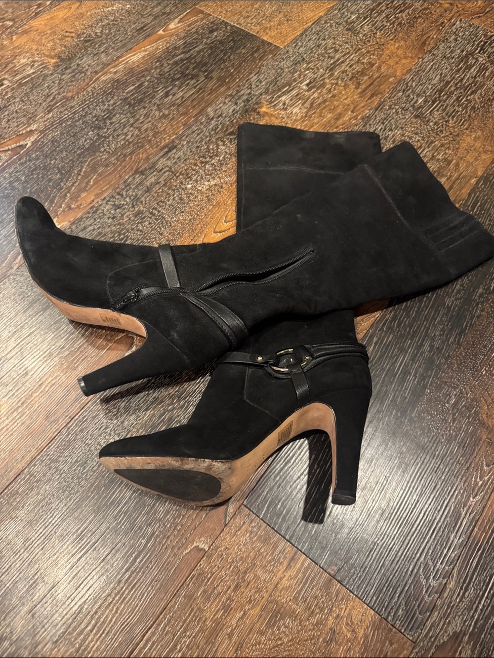 ANTONIO MELANI Black Suede High-Heel Boots with Strap Detail